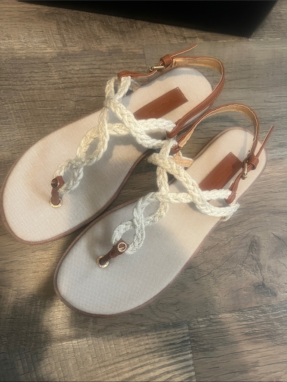 Nautica Braided T-Strap Sandals in Cream and Tan Leather